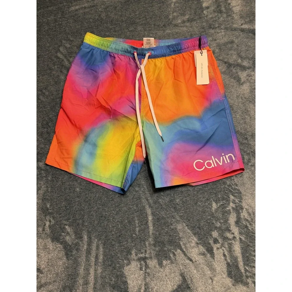 Calvin Klein Men Swim Bottom Size L Swim Trunks Multicolor Polyester Tie Dye